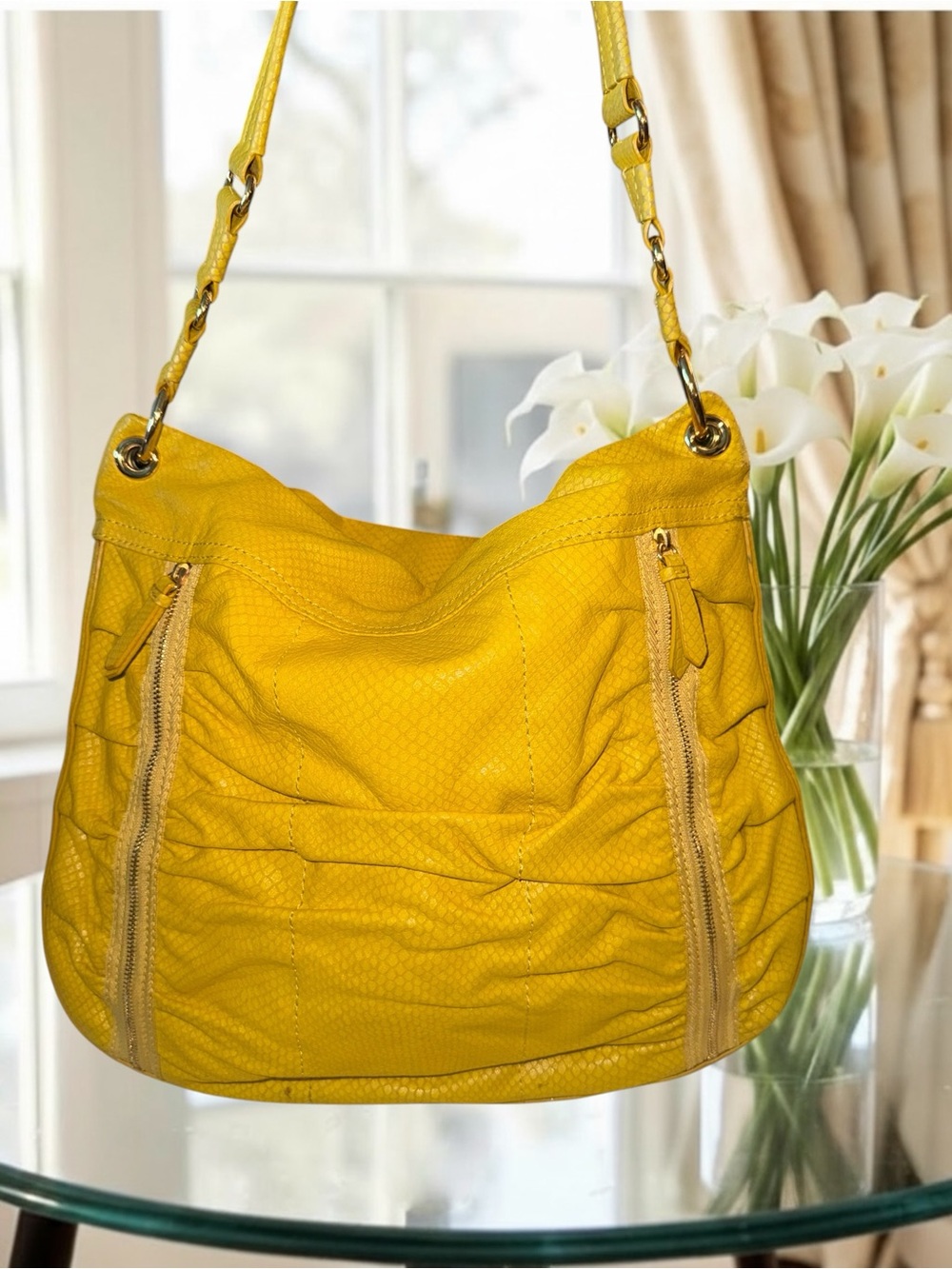 Cole Haan Crosby Avery Yellow Snake Embossed Leather Hobo Shoulder Bag